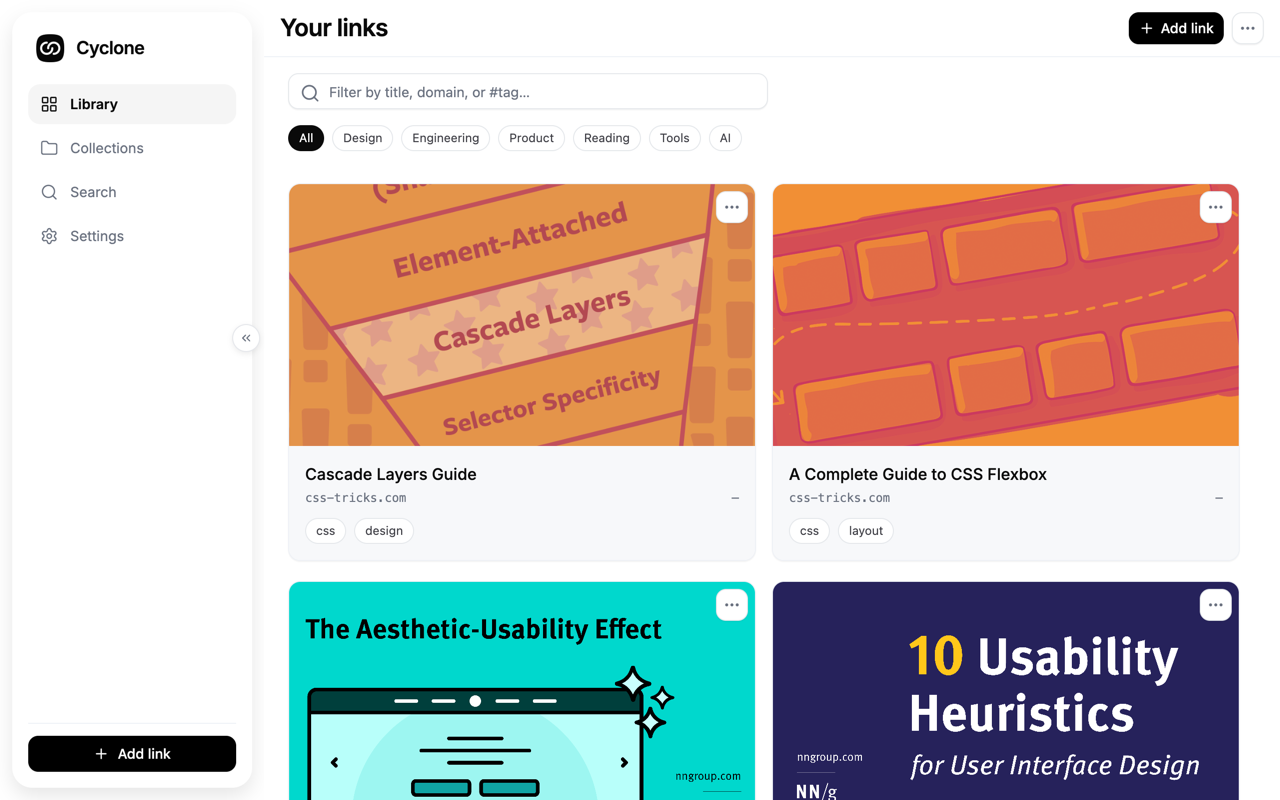 Cyclone library showing a grid of saved links with full-page screenshot thumbnails