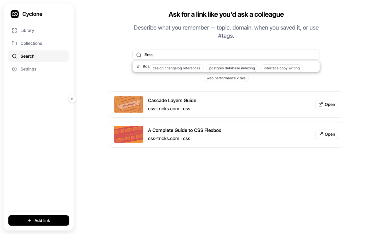 Cyclone search for #css returning Cascade Layers and Flexbox results with screenshot thumbnails
