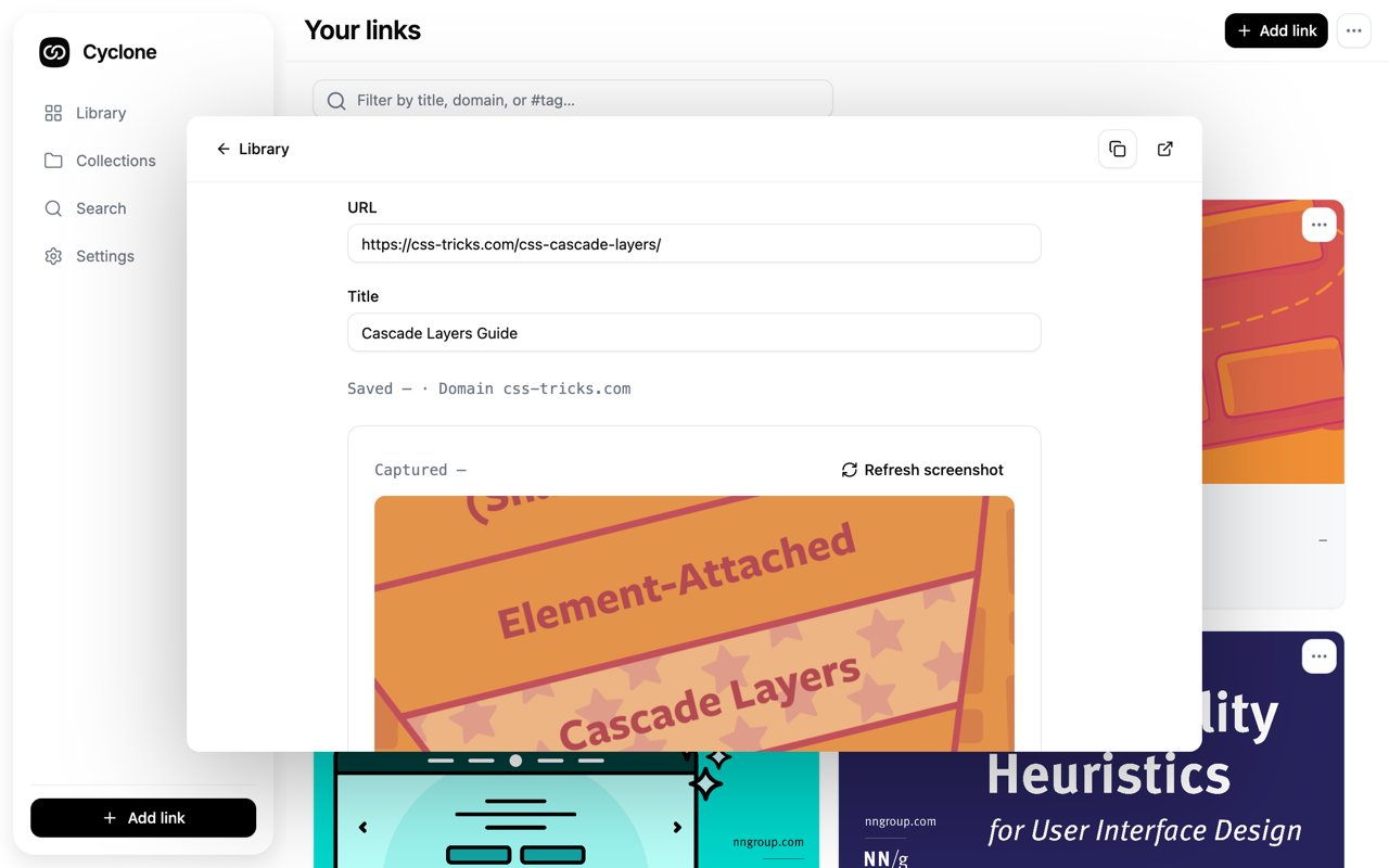 Cyclone link editor modal with screenshot preview, URL, title, and collection fields